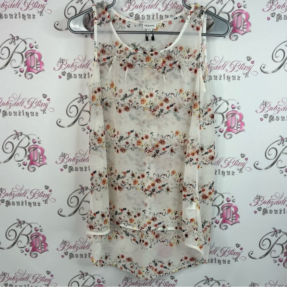 Dynamite tank top sheer flowers stripes pleated detail Floral Sheer Blouse